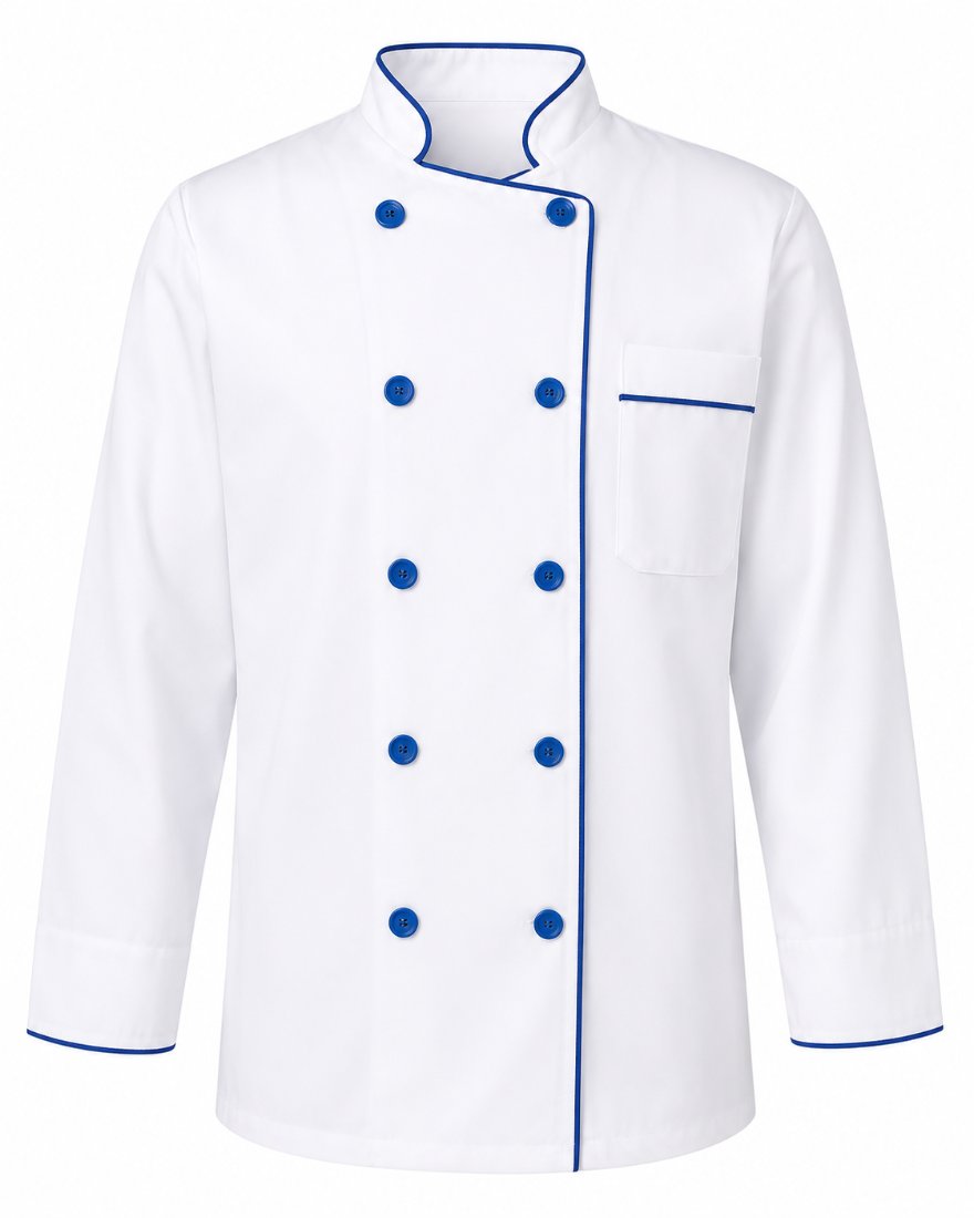 Filipina de chef blanca con vivo y botones azules